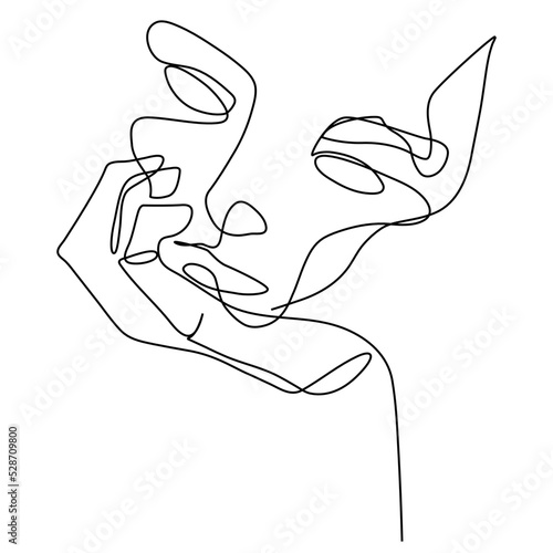 Continuous one line woman think about something holding her hand to her chin. Vector stock illustration.