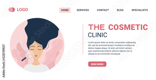 Landing Page for Cosmetology Beauty Salon. Female face skin under magnifying glass