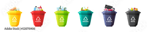 Set of waste container. Waste segregation. Sorting garbage by material and type in colored trash cans. Ecology save concept. Flat cartoon vector illustration.