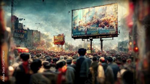 Billboard in a crowded street full of people