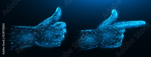 Abstract vector illustration of hand gestures Ok and finger gun on dark blue background. Hand gesture low poly design.