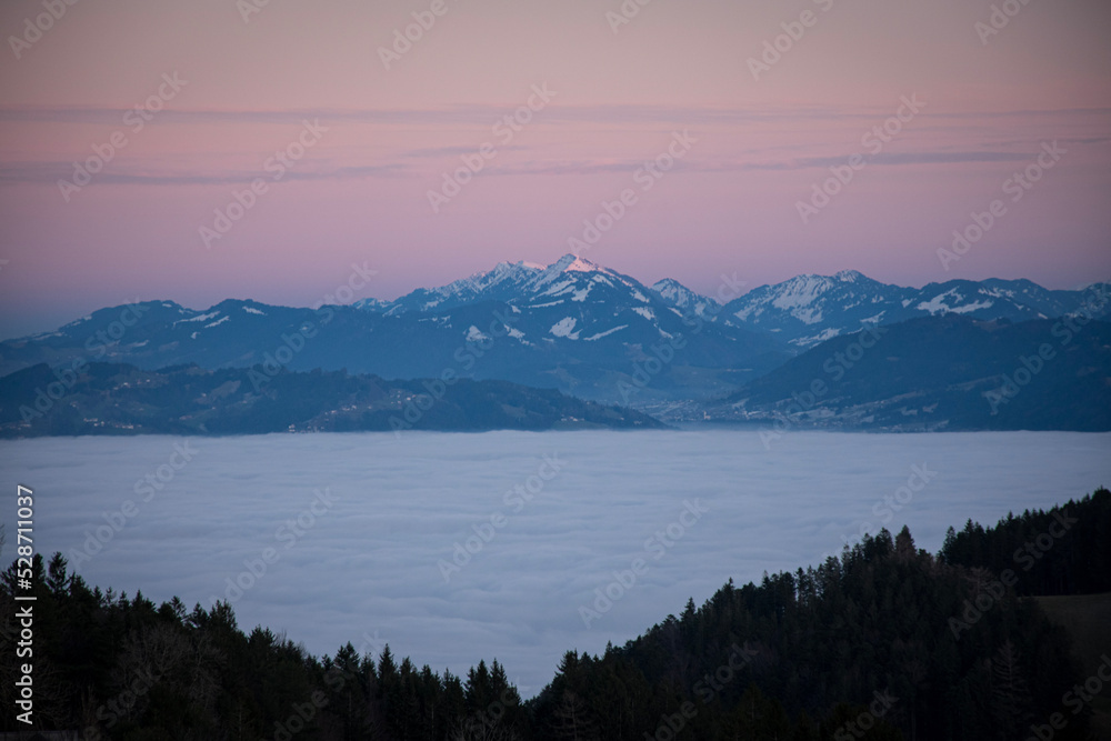 sunset in the mountains, beautiful view calming sea of fog and forest silhouette