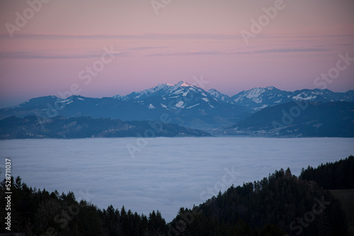 sunset in the mountains  beautiful view calming sea of fog and forest silhouette
