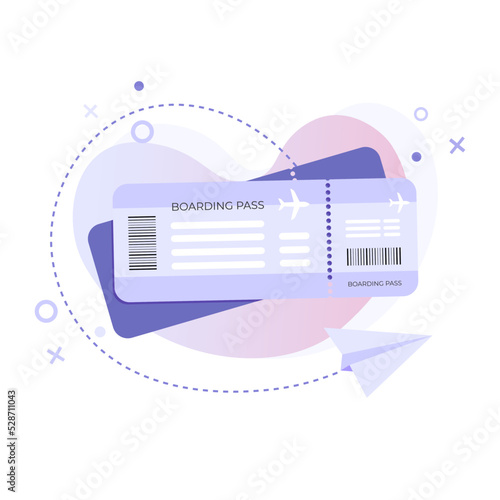 Vector illustration of airline ticket. Boarding pass in flat style on abstract gradient background with paper airplane. Travel, airplane booking, planning a vacation and tourism concept.