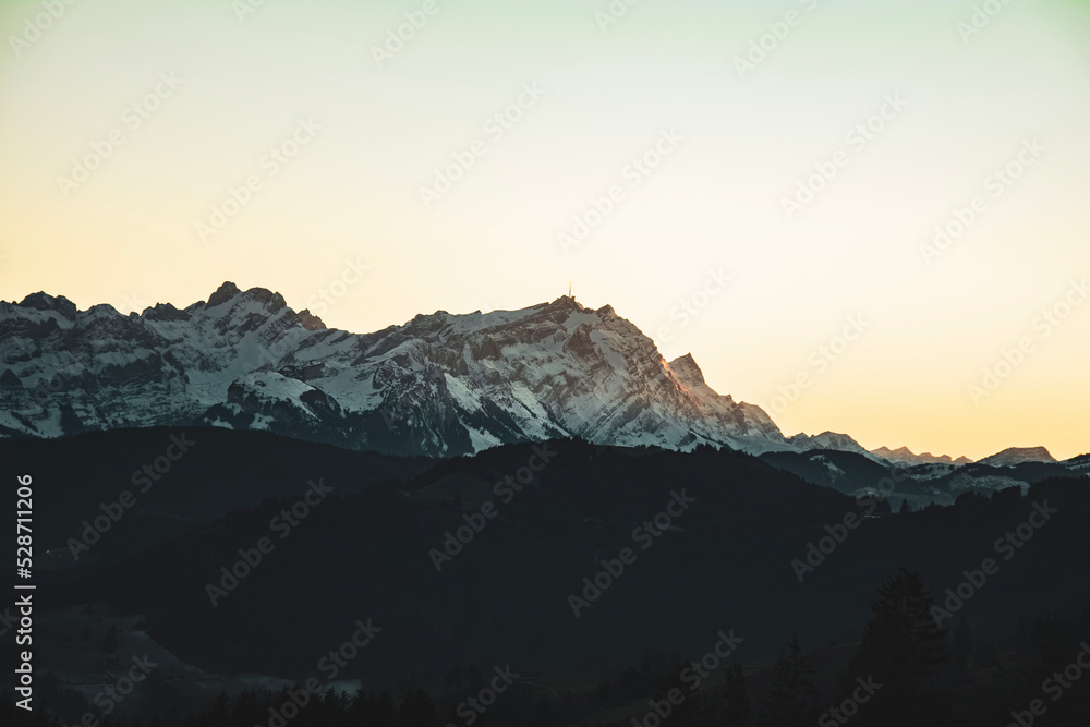 swiss mountain view at sunset