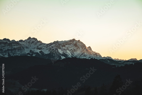 swiss mountain view at sunset