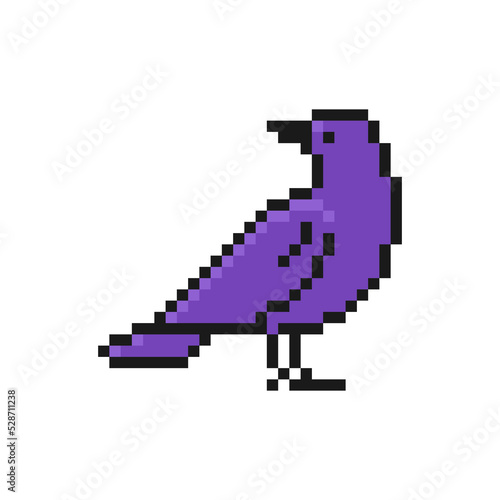 Crow icon in pixel art design isolated on white background, raven Halloween vector sign symbol.