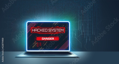 The concept of hacking and data privacy violations due to the threat of Internet technologies. System hacking with info message. Background with a code on a blue background and a virus warning.