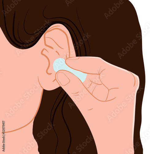 Earplugs and ear and girl at night in bed. Ear plug sign. Noise symbol. Sleeping quality concept. Turquoise square button. Vector