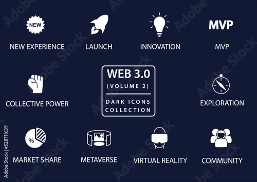Web 3.0 vector icon set in flat design and dark mode