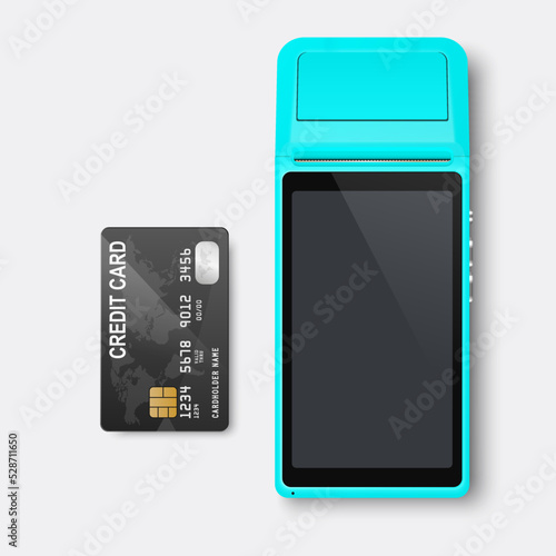 Vector 3d NFC Payment Machine and Credit Card Isolated. Wi-fi, Wireless Payment. POS Terminal, Machine Design Template of Bank Payment Contactless Terminal, Mockup. Top VIew