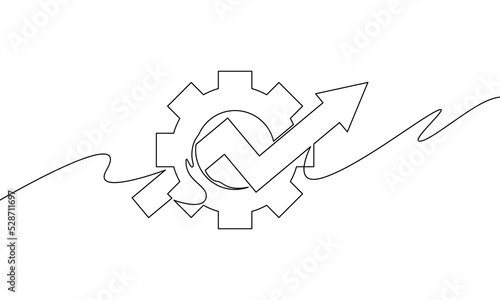Continuous line drawing of arrow up with gear, cogwheel technology, graph business growth, object one line, single line art, vector illustration