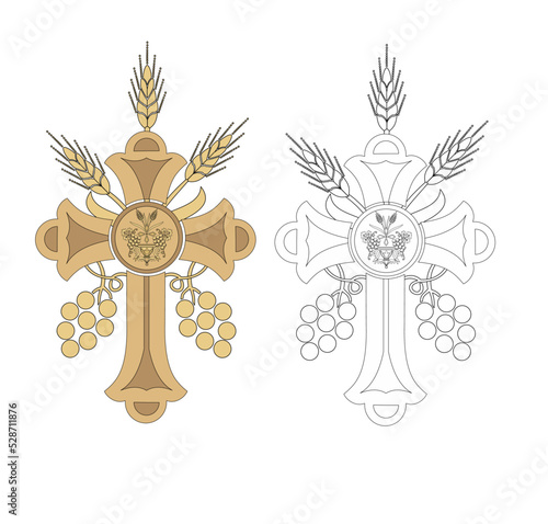 IHS GOLD EMBROIDERY FOR LITURGICAL CLOTHES AND SACRED CEREMONIES. SACRED CATHOLIC SYMBOLS IN ANCIENT STYLE WITH GOLDEN DECORATIONS