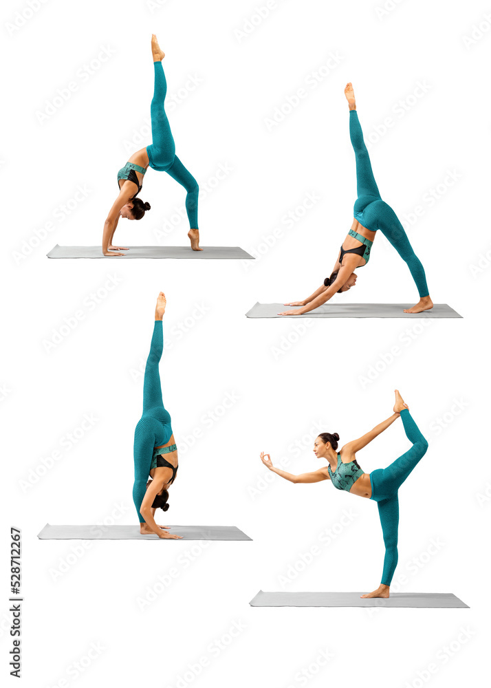 Set of extreme legs stretching exercises. Attractive fit Asian woman practice standing splits, 4 drills collage, vertical photo, isolated on white.