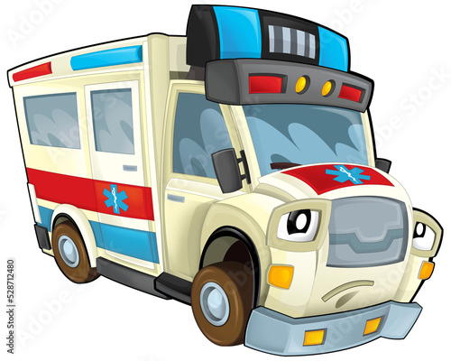 cartoon scene with funny looking ambulance truck illustration for children