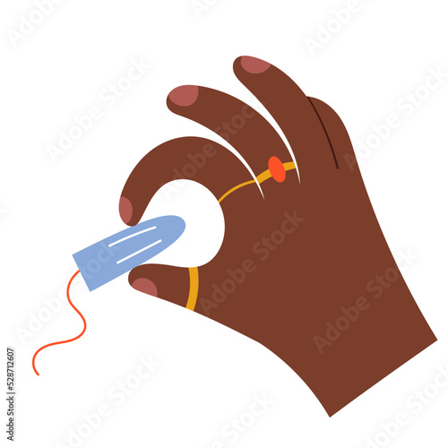 New tampon in hand, woman holding in hand clean cotton tampon for menstrual periods, hygiene product for women's periods, hand drawn vector illustration isolated on white background