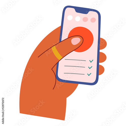Menstruation calendar on smartphone. woman holding phone marking menstrual days in app, menstrual cycle, personal calendar, planner in mobile application, vector illustration isolated on white