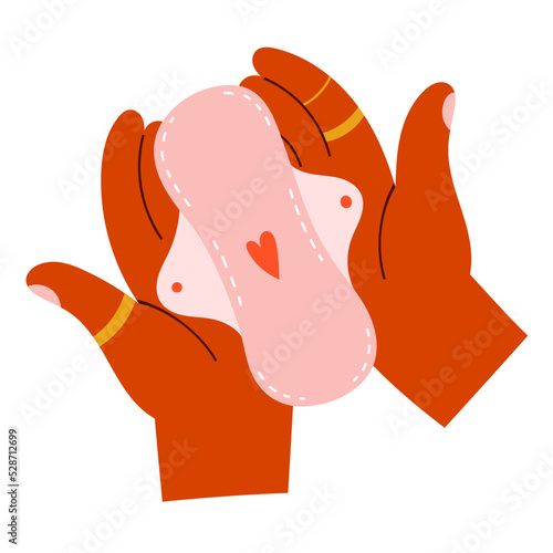 Reusable menstrual pads, woman holding in hands fabric sanitary pad for periods, waterproof zero waste hygiene product, hand drawn vector illustration isolated on white background