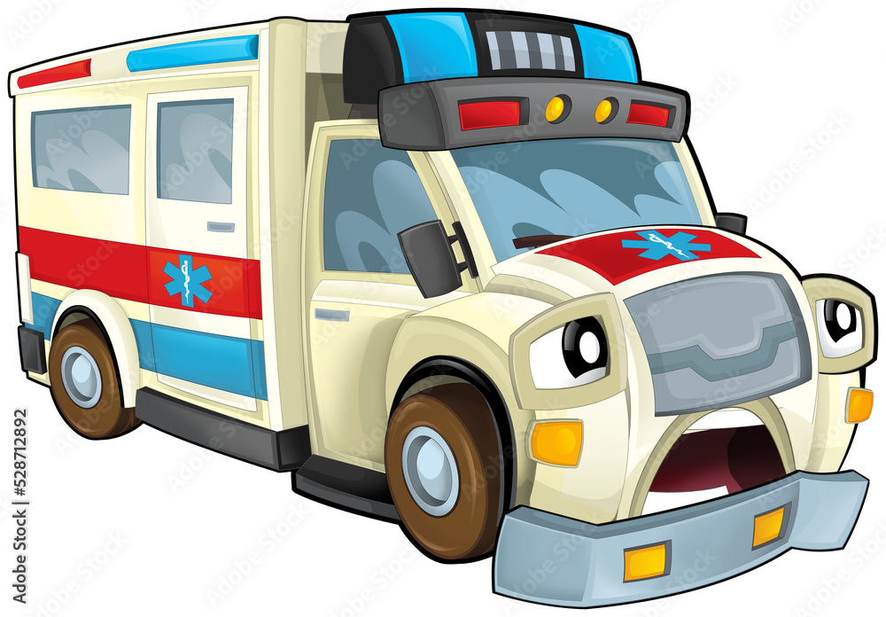 cartoon scene with funny looking ambulance truck illustration for children cartoon scene with funny looking ambulance truck illustration for children