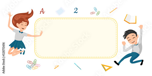 Cute happy little kids on a white with empty banner. Cartoon characters. Vector illustration with school supplies