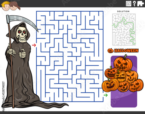 maze with cartoon Grim Reaper on Halloween time