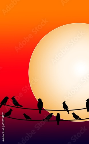 Illustration of a landscape with birds on cables in the evening