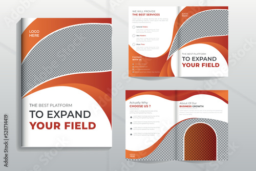 Bi fold brochure flyer design. Business template for Bi fold flyer with modern circle photo and abstract background Creative two folded flyer or brochure concept.