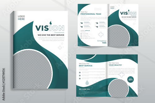 Bi fold brochure flyer design. Healthcare and Medical Bi-Fold Brochure Template Bi fold flyer with modern circle photo and abstract background Creative two folded flyer or brochure concept.