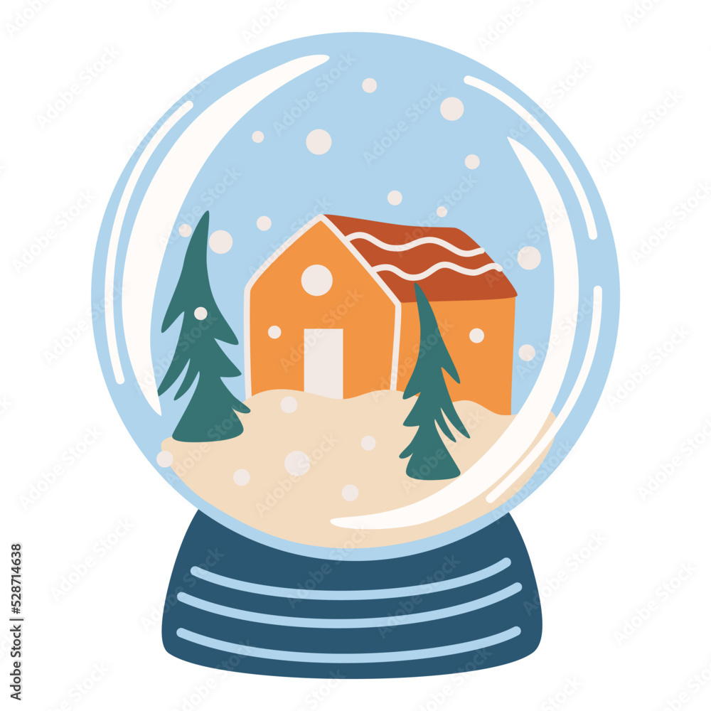 Crystal snow globe with winter landscape and house. Magic glass ball for winter xmas holiday concept. Snow globe icon concept drawing icon in modern style. Hand drawn vector illustration isolated Crystal snow globe with winter landscape and house. Magic glass ball for winter xmas holiday concept. Snow globe icon concept drawing icon in modern style. Hand drawn vector illustration isolated