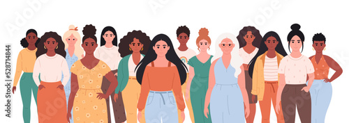 Women of different age, races, appearance. Multicultural society. Social diversity of people in modern society. Fashionable casual outfit. Hand drawn vector illustration