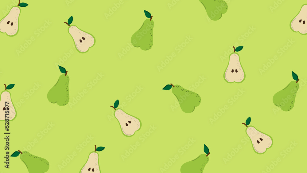 Pears on green background with seamless pattern