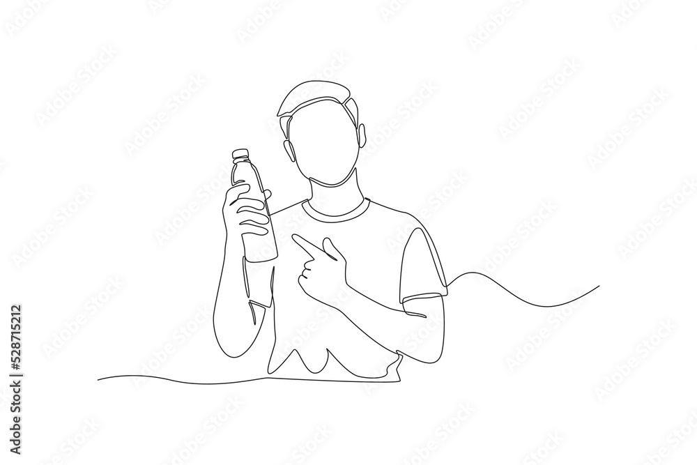 Single one line drawing boy always bring and point finger at water bottle in his hand. Zero waste concept. Continuous line draw design graphic vector illustration. Single one line drawing boy always bring and point finger at water bottle in his hand. Zero waste concept. Continuous line draw design graphic vector illustration.