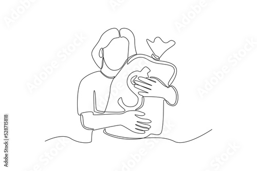 Continuous one line drawing happy woman huge big money bag. Wealth and prosperity concept. Single line draw design vector graphic illustration.