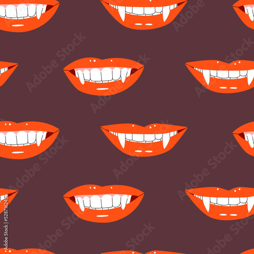 Flat vector cartoon seamless pattern with vampire lips.