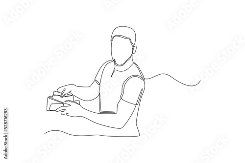 Continuous one line drawing happy businessman putting banknotes into wallet,. Wealth and prosperity concept. Single line draw design vector graphic illustration.