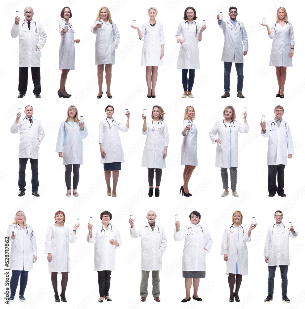 group of doctors holding jar isolated on white group of doctors holding jar isolated on white