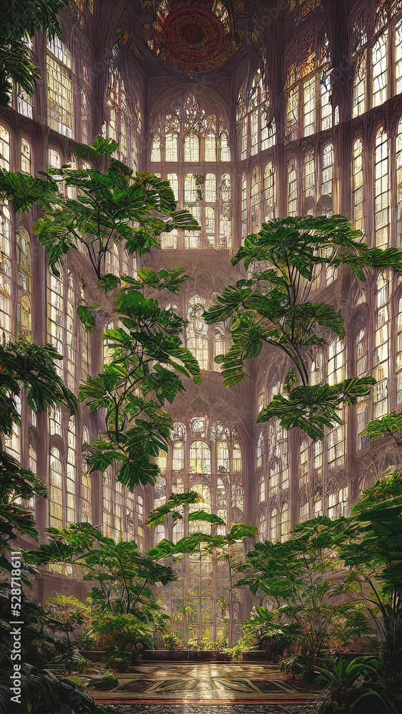 Palace interior with high stained-glass windows of multi-colored glass, a botanical garden with exotic plants, an ancient majestic hall. 3D illustration. Palace interior with high stained-glass windows of multi-colored glass, a botanical garden with exotic plants, an ancient majestic hall. 3D illustration.