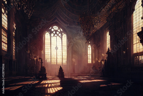 Palace interior with high stained-glass windows made of multi-colored glass, an old majestic hall, sun rays through the windows. Dark fantasy interior. 3D illustration.