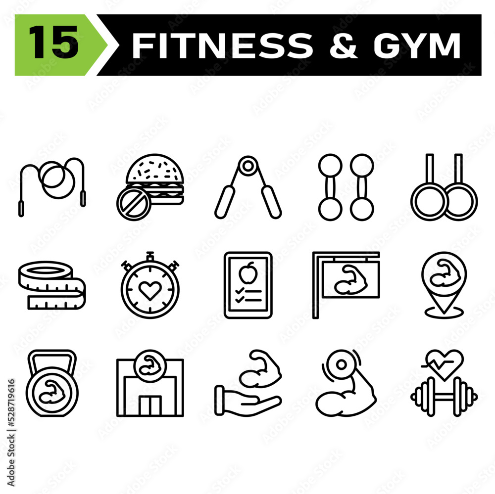 Fototapeta premium Healthy and fitness icon set include rope, jump, skip, healthy, fitness, gym, burgers, no food, unhealthy, food, diet, gripper, grippers, hand, bodybuilding, lifting, weight, aerobics, exercise