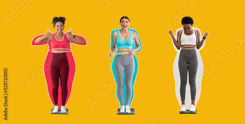 Satisfied european and black young women athletes in sportswear, rejoice in losing weight, check weight