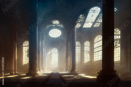 Palace interior with high stained-glass windows made of multi-colored glass, an old majestic hall, sun rays through the windows. Dark fantasy interior. 3D illustration.