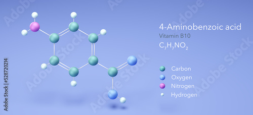 Fototapeta Naklejka Na Ścianę i Meble -  4-Aminobenzoic acid, vitamin b10, molecular structures, 3d model, Structural Chemical Formula and Atoms with Color Coding