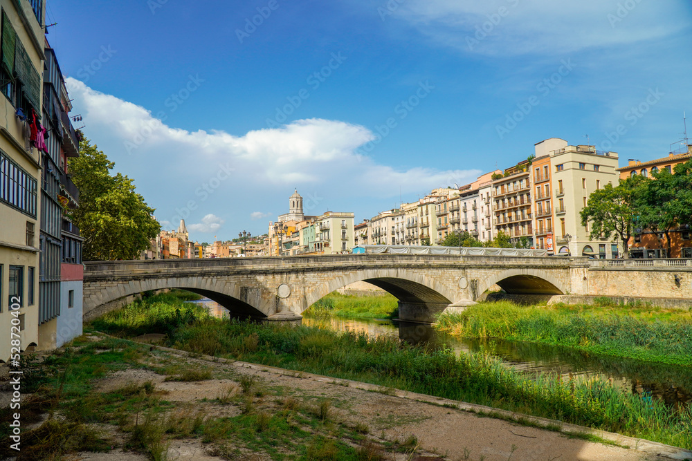 Fototapeta premium Panoramic view of the downtown of Girona city. The river and the bridge