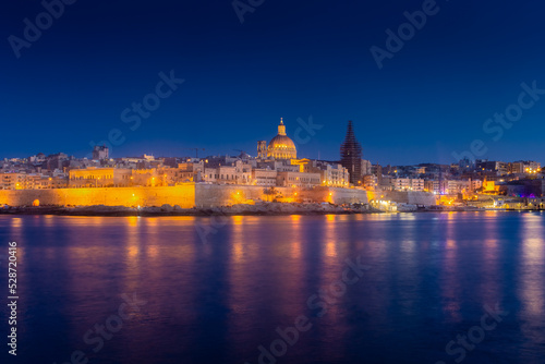 Skyline of Valletta by night, view from Sliema, Malta