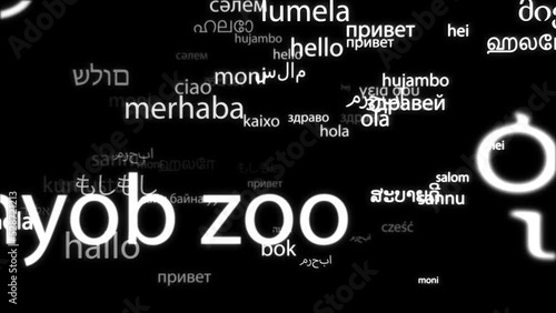 Hello word in all the world languages. Isolated animated words, 4k seamlessly looping cloud of words