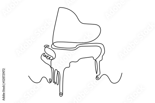 Piano continuous one line vector drawing. Pianoforte hand drawn silhouette clipart. Acoustic musical instrument sketch. Grand piano minimalistic contour illustration. Isolated linear design element