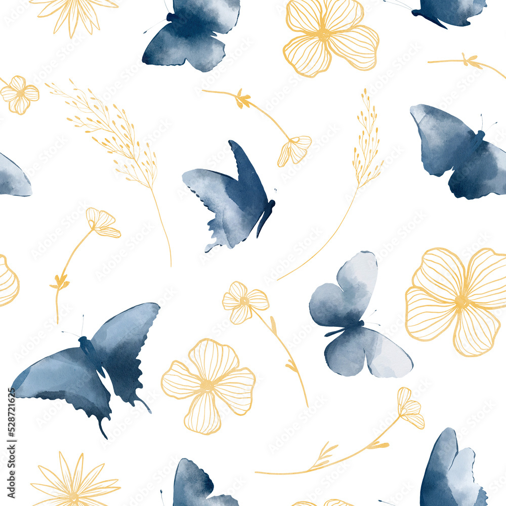 Blue and gold butterflies and flowers watercolor seamless pattern. For ...