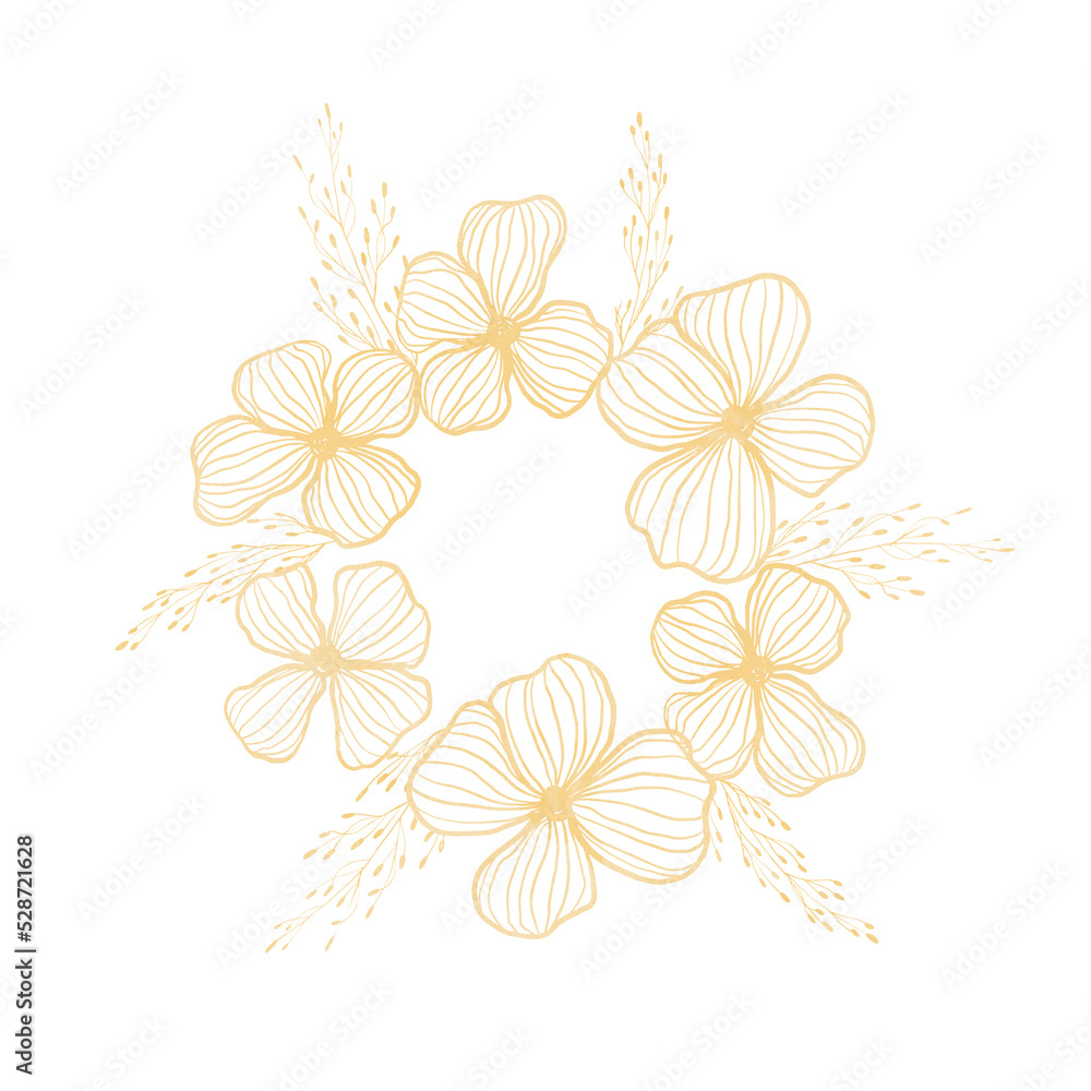 Obraz premium Golden flowers wreath watercolor composition. For wedding invitation, logo, postcards, decor