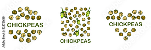 Set of colorful chickpeas designs. Hand drawn illustration in colored sketch style. Botany design for packaging, label, banner, logo