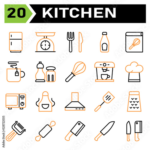Wallpaper Mural Kitchen equipment icon set include refrigerator, fringe, kitchen, equipment, scales, scale, weight, fork, knife, cutlery, bottle, sauce, tomato, ketchup, recipe, book, cook, cookbook, cooking, coffee Torontodigital.ca
